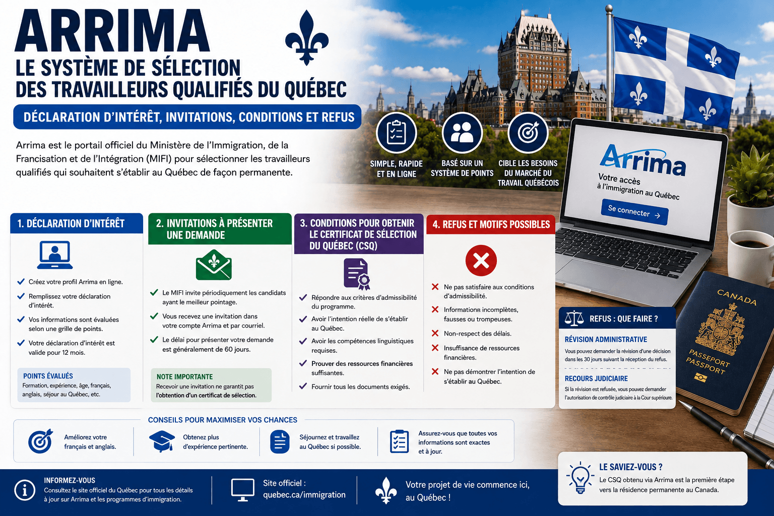 Infographie du parcours Arrima pour immigrer au Québec