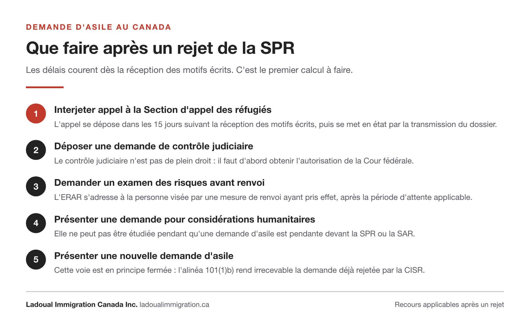 Les cinq recours après un rejet de la Section de la protection des réfugiés : appel à la Section d'appel des réfugiés dans les quinze jours, contrôle judiciaire sur autorisation, examen des risques avant renvoi, demande humanitaire, et nouvelle demande d'asile en principe fermée.