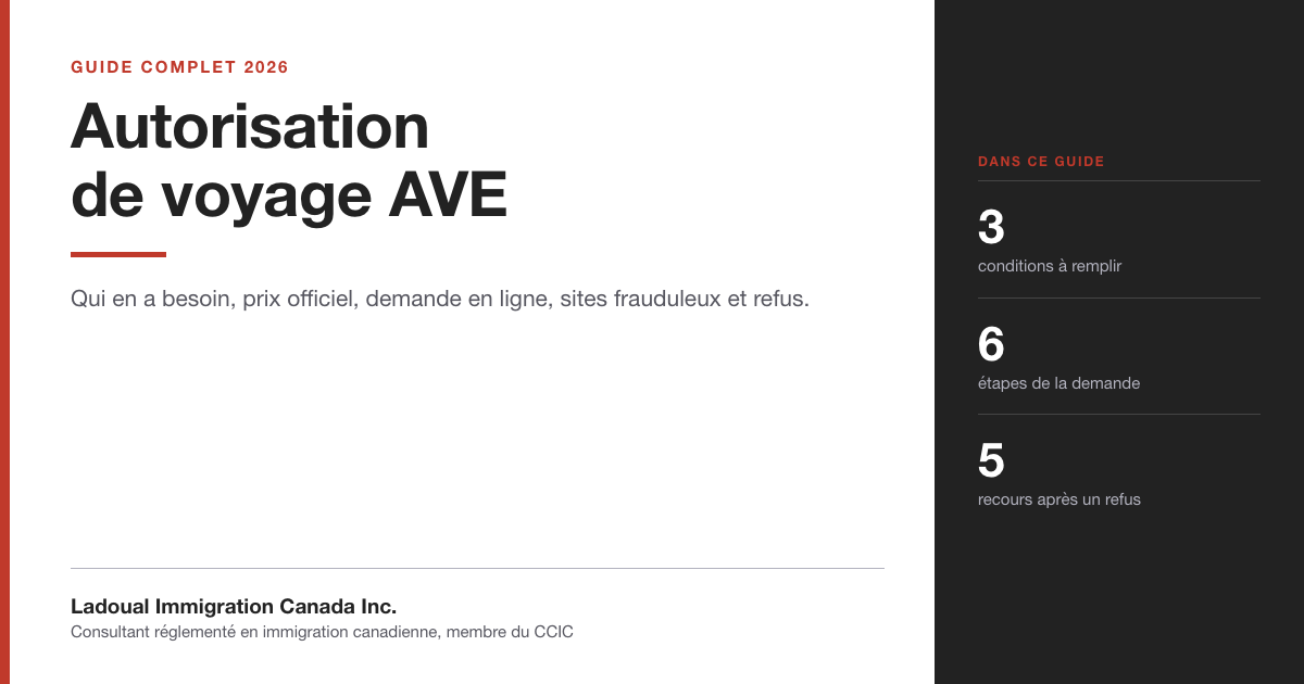 Couverture du guide « Autorisation de voyage AVE » de Ladoual Immigration Canada Inc. : qui en a besoin, prix officiel, demande en ligne, sites frauduleux et refus.