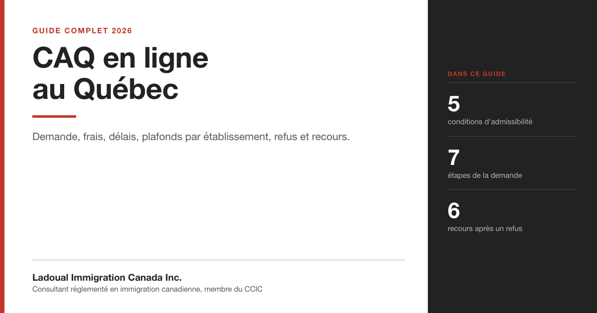 Couverture du guide « CAQ en ligne au Québec » de Ladoual Immigration Canada Inc. : demande, frais, délais, plafonds par établissement, refus et recours.