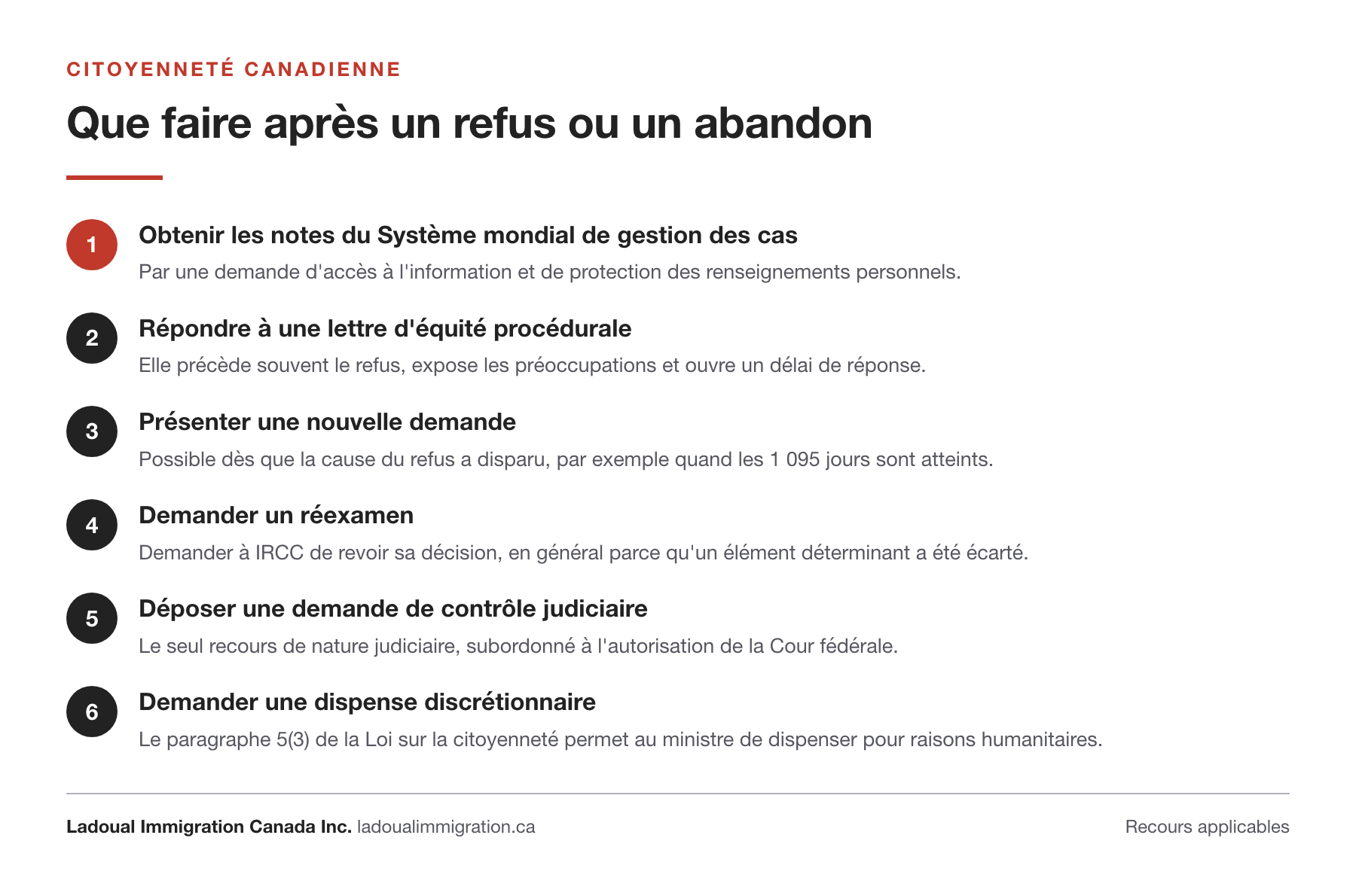 Les six recours après un refus ou un abandon de demande de citoyenneté canadienne : notes du Système mondial de gestion des cas, réponse à une lettre d'équité procédurale, nouvelle demande, réexamen, contrôle judiciaire sur autorisation, dispense discrétionnaire du ministre au titre du paragraphe 5(3).
