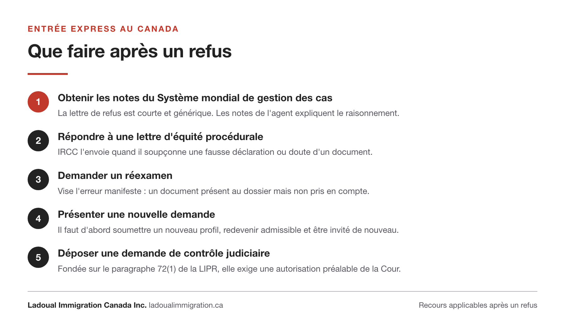 Les cinq recours après un refus dans Entrée express : notes du Système mondial de gestion des cas, réponse à une lettre d'équité procédurale, réexamen, nouveau profil et nouvelle invitation, contrôle judiciaire sur autorisation de la Cour fédérale.