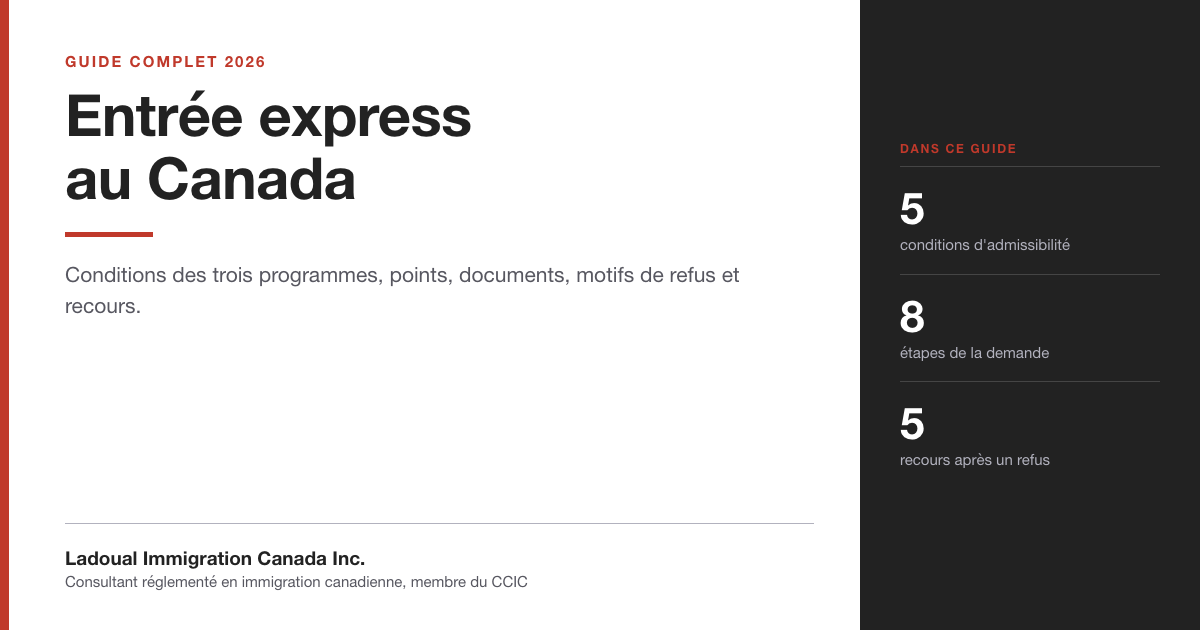 Couverture du guide « Entrée express au Canada » de Ladoual Immigration Canada Inc. : conditions des trois programmes, points, documents, motifs de refus et recours.
