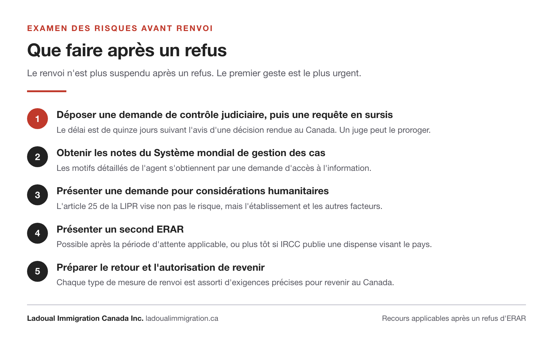 Les cinq recours après un refus d'examen des risques avant renvoi : contrôle judiciaire et requête en sursis dans les quinze jours, notes du Système mondial de gestion des cas, demande humanitaire, second ERAR, préparation du retour.