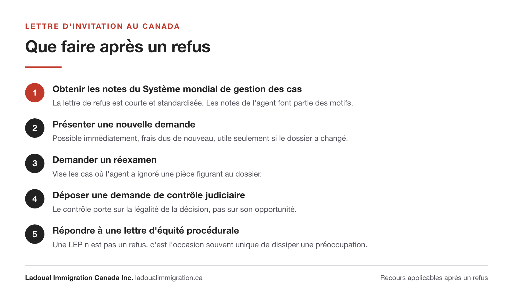 Les cinq recours après un refus de visa fondé sur une lettre d'invitation : notes du Système mondial de gestion des cas, nouvelle demande, réexamen, contrôle judiciaire, réponse à une lettre d'équité procédurale.