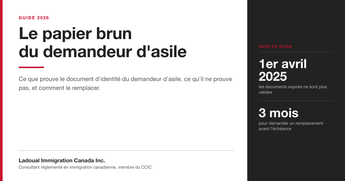 Image de couverture du guide de Ladoual Immigration Canada sur le papier brun du demandeur d'asile, avec la règle du 1er avril 2025 sur les documents expirés.