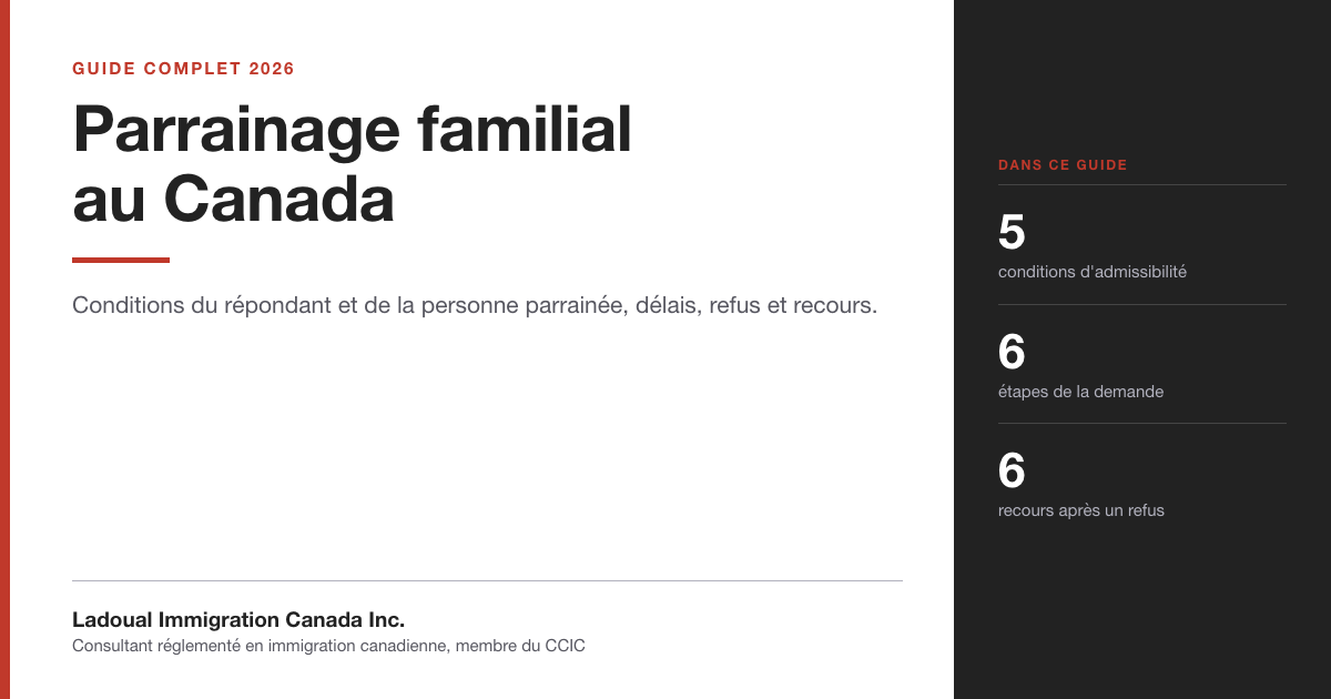 Couverture du guide « Parrainage familial au Canada » de Ladoual Immigration Canada Inc. : conditions du répondant et de la personne parrainée, délais, refus et recours.