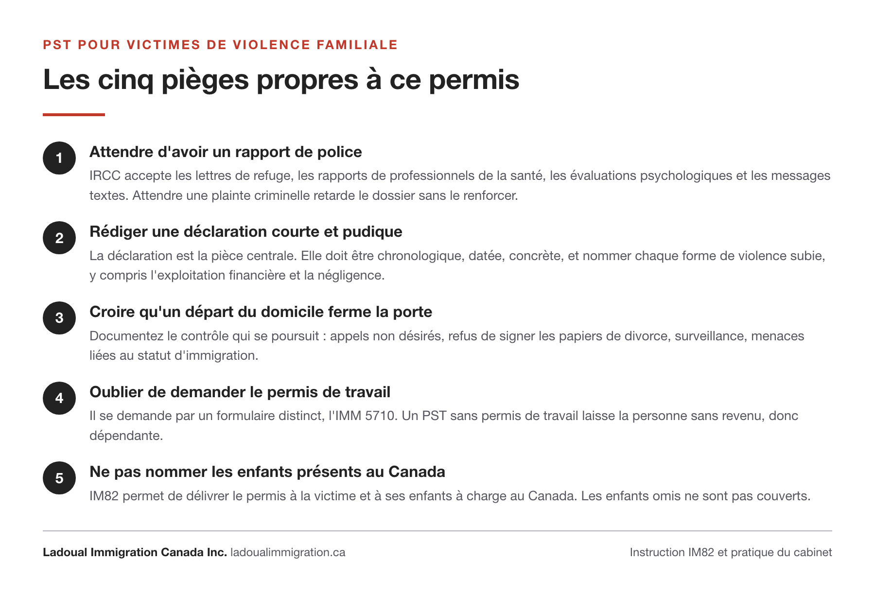 Les cinq pièges du permis de séjour temporaire pour victimes de violence familiale : attendre un rapport de police, rédiger une déclaration trop courte, croire qu'un départ du domicile ferme la porte, oublier le permis de travail, ne pas nommer les enfants présents au Canada.
