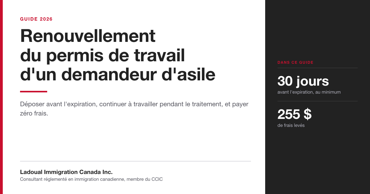 Image de couverture du guide de Ladoual Immigration Canada sur le renouvellement du permis de travail d'un demandeur d'asile, avec le délai de 30 jours.