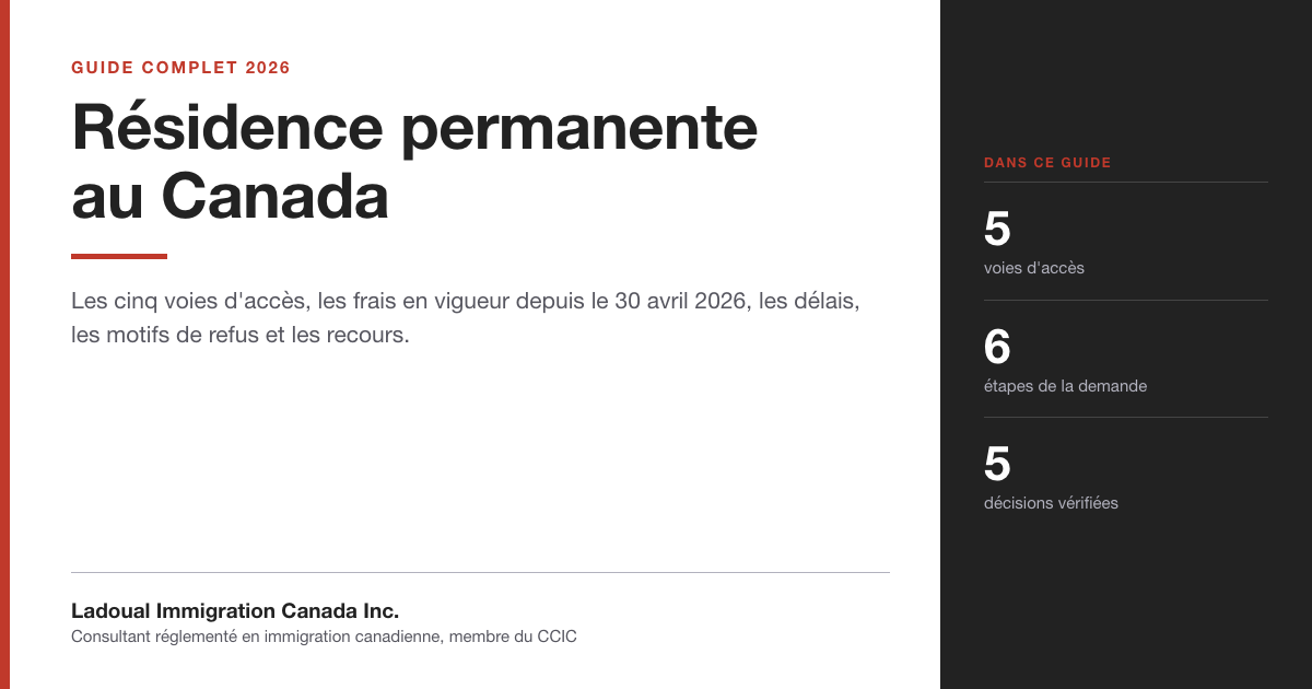 Bandeau du guide de Ladoual Immigration Canada sur la résidence permanente au Canada, annonçant cinq voies d'accès, six étapes de demande et cinq décisions vérifiées.