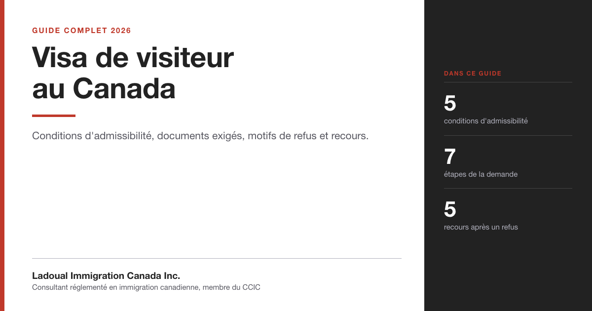 Couverture du guide « Visa de visiteur au Canada » de Ladoual Immigration Canada Inc. : conditions d'admissibilité, documents exigés, motifs de refus et recours.