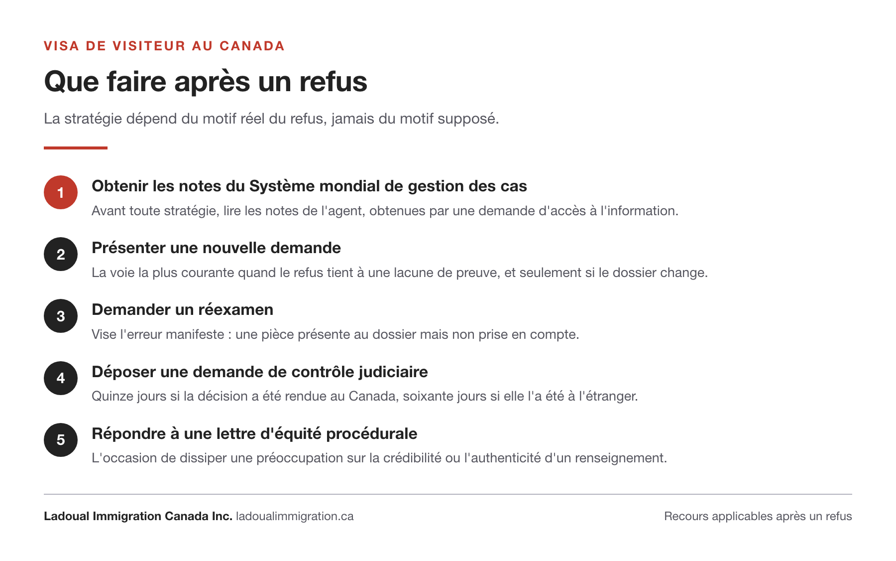 Les cinq recours après un refus de visa de visiteur : notes du Système mondial de gestion des cas, nouvelle demande, réexamen, contrôle judiciaire dans les quinze ou soixante jours selon le lieu de la décision, réponse à une lettre d'équité procédurale.