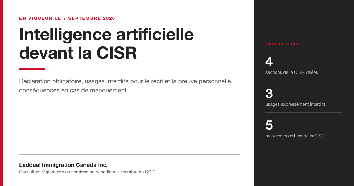 Bandeau de l'article sur l'avis de pratique de la CISR concernant l'utilisation de l'intelligence artificielle, en vigueur le 7 septembre 2026, avec quatre sections visées, trois usages interdits et cinq mesures possibles.
