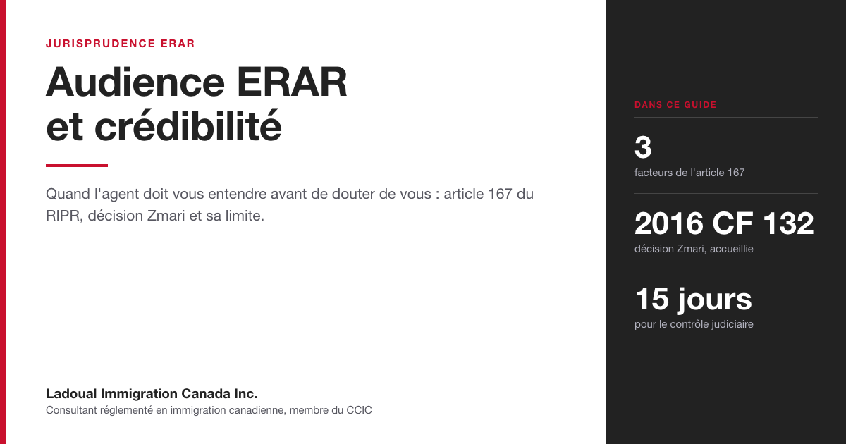 Audience ERAR et crédibilité : guide sur l'article 167 du RIPR et la décision Zmari de la Cour fédérale, par Ladoual Immigration Canada.