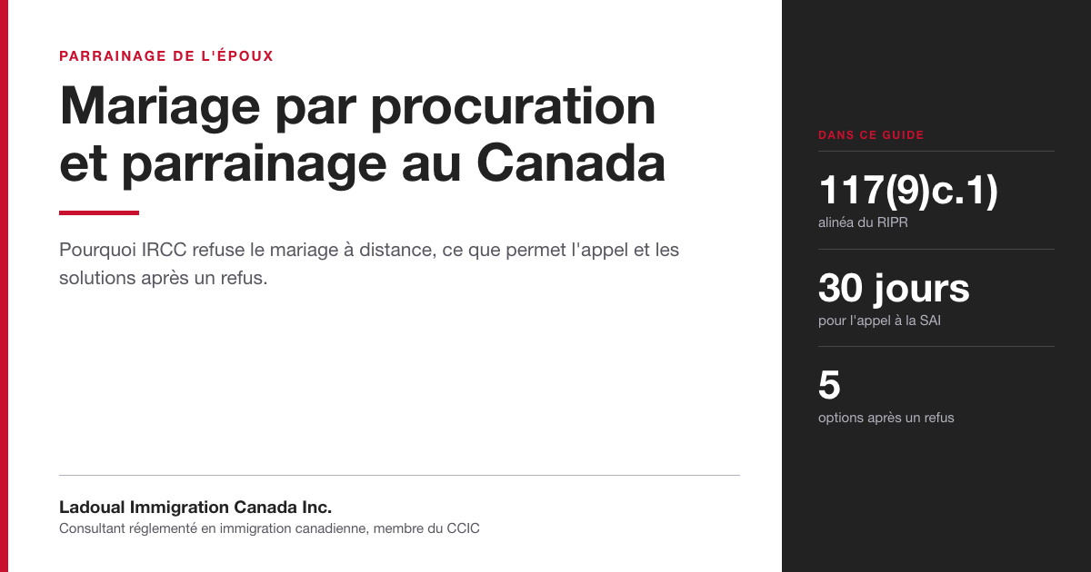 Image d'en-tête de Ladoual Immigration Canada sur le mariage par procuration et le parrainage d'un époux : alinéa 117(9)c.1) du RIPR, appel de 30 jours à la SAI et cinq options après un refus.
