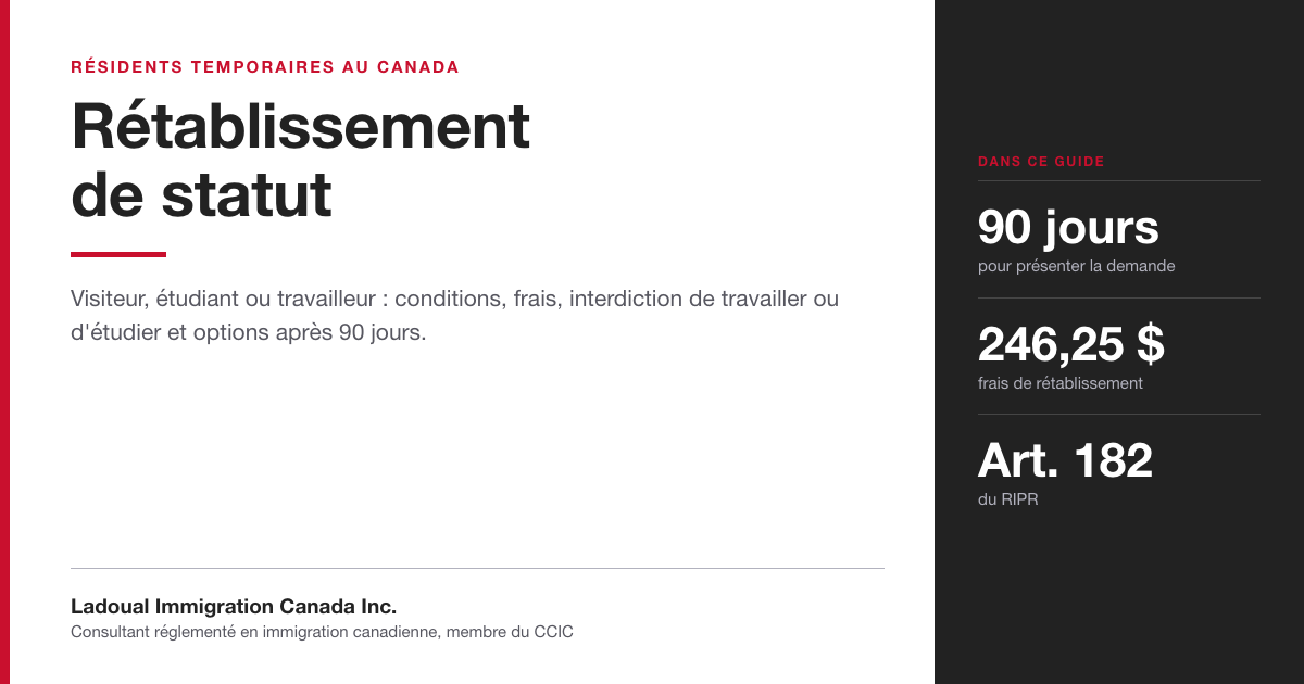 Image de présentation de l'article de Ladoual Immigration Canada sur le rétablissement de statut d'un résident temporaire : délai de 90 jours, frais de 246,25 $ et article 182 du RIPR.