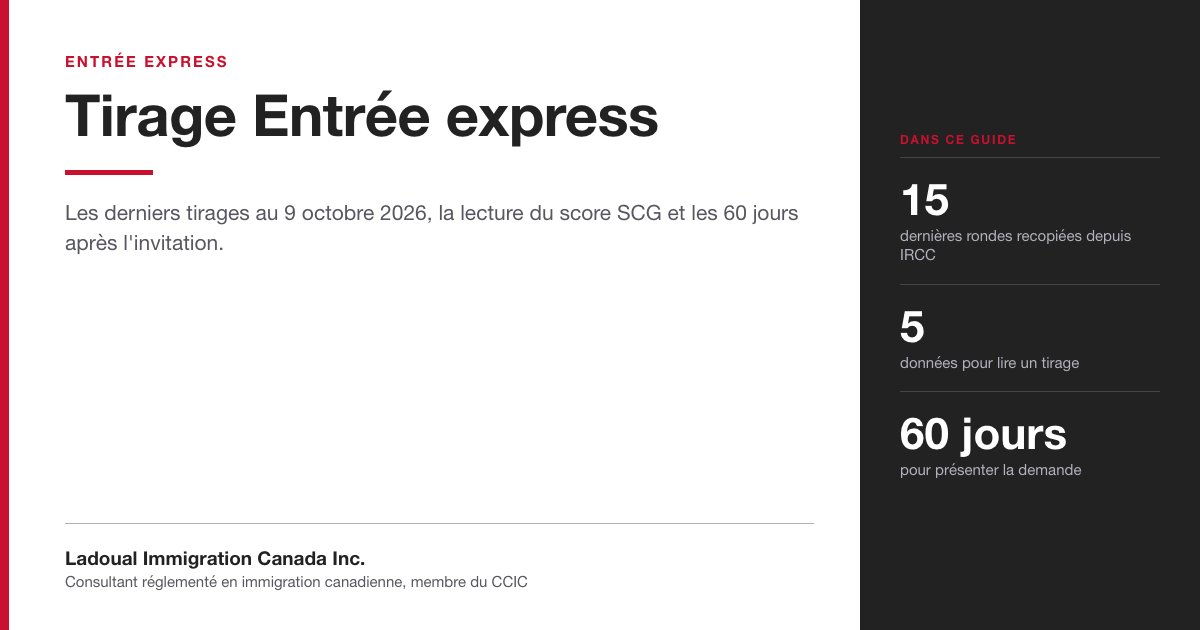 Image de présentation du guide de Ladoual Immigration Canada sur le tirage Entrée express : derniers tirages au 9 octobre 2026, lecture du score SCG et 60 jours après l'invitation.